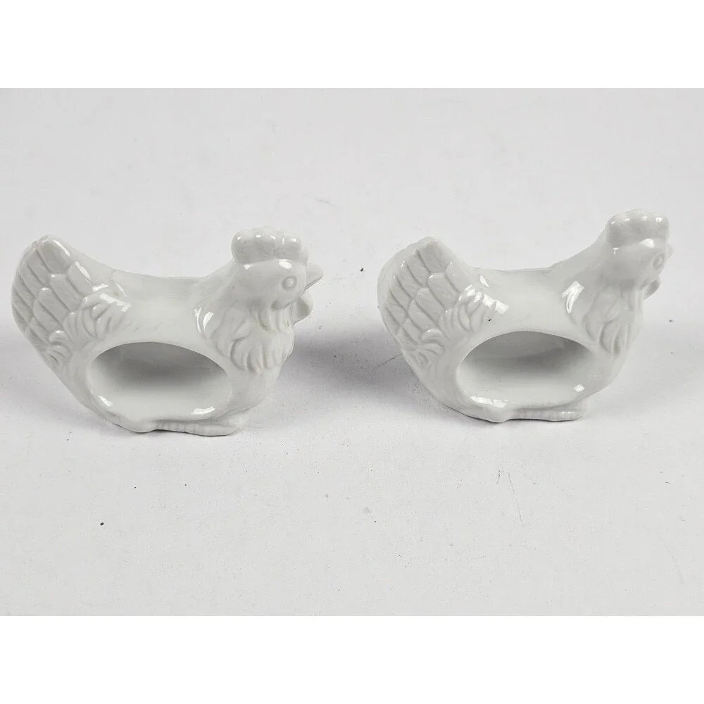 Shafford Ceramic White Chicken Hen Rooster Napkin Rings Vintage Set of 2